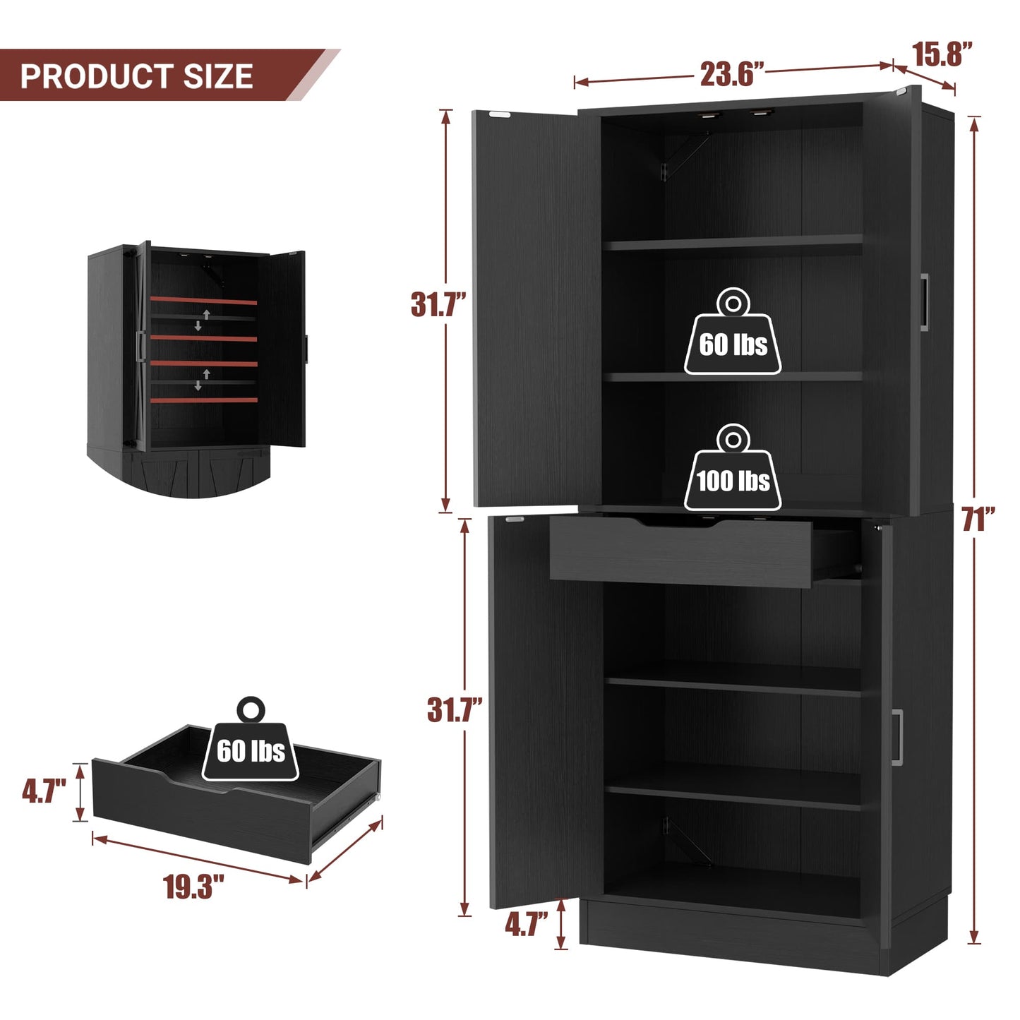 71'' Farmhouse Kitchen Pantry Storage Cabinet with 4 Barn Doors and Drawer