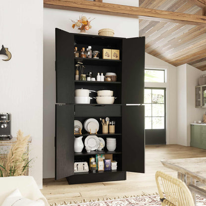 71'' Farmhouse Kitchen Pantry Storage Cabinet with 4 Barn Doors and Drawer
