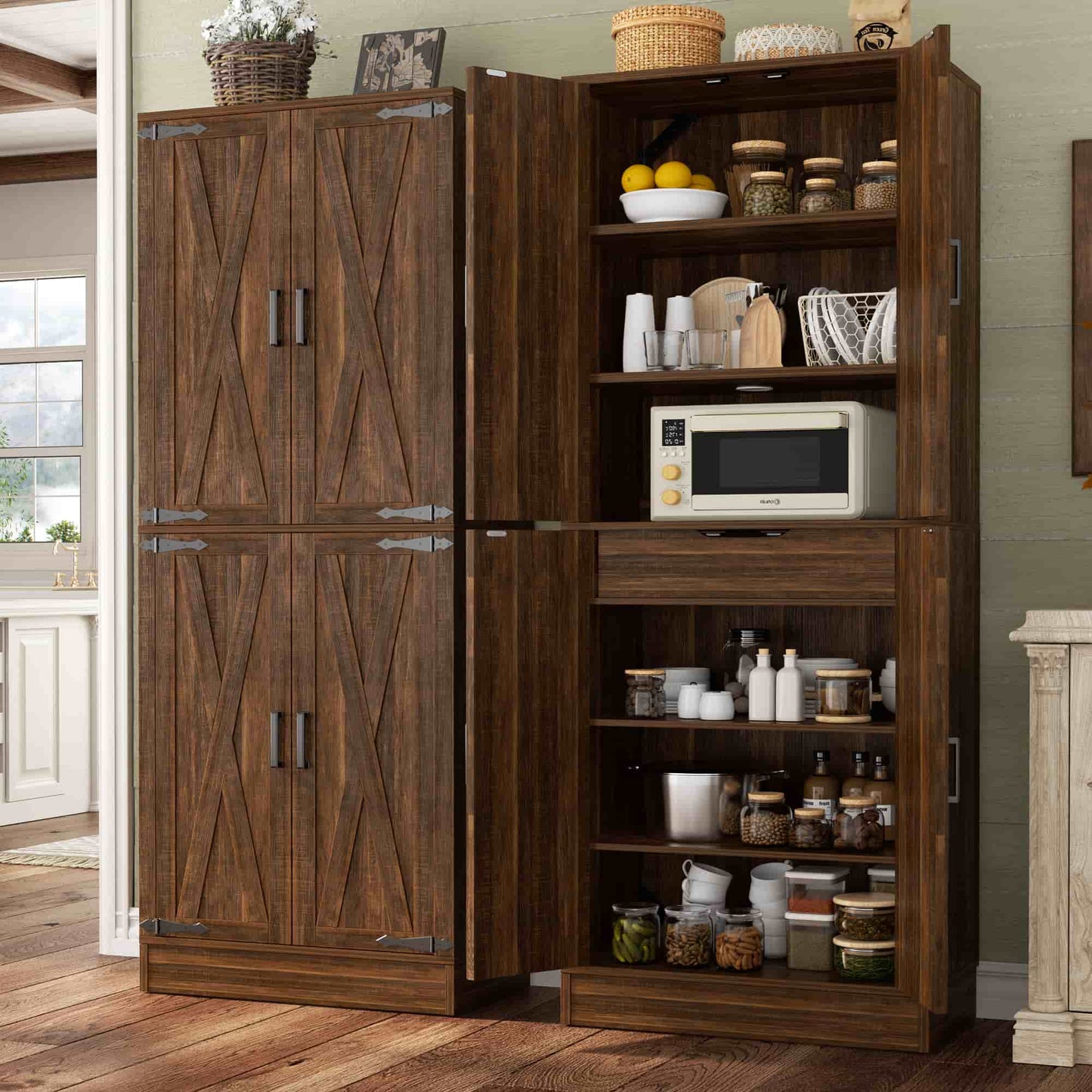 71'' Farmhouse Kitchen Pantry Storage Cabinet with 4 Barn Doors and Drawer