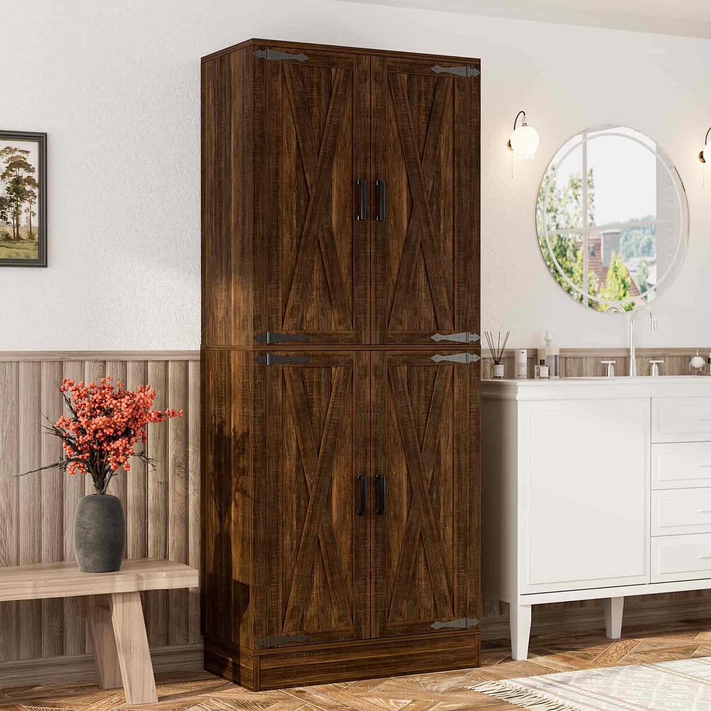71'' Tall Farmhouse Bathroom Storage Cabinet, 7-Tier Linen Cabinet with Drawer & Adjustable Shelves