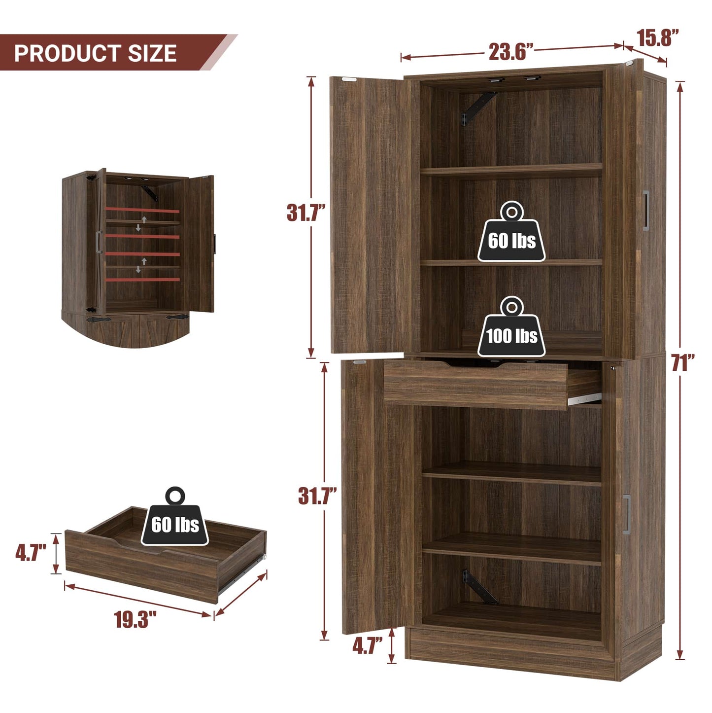 71'' Tall Farmhouse Bathroom Storage Cabinet, 7-Tier Linen Cabinet with Drawer & Adjustable Shelves