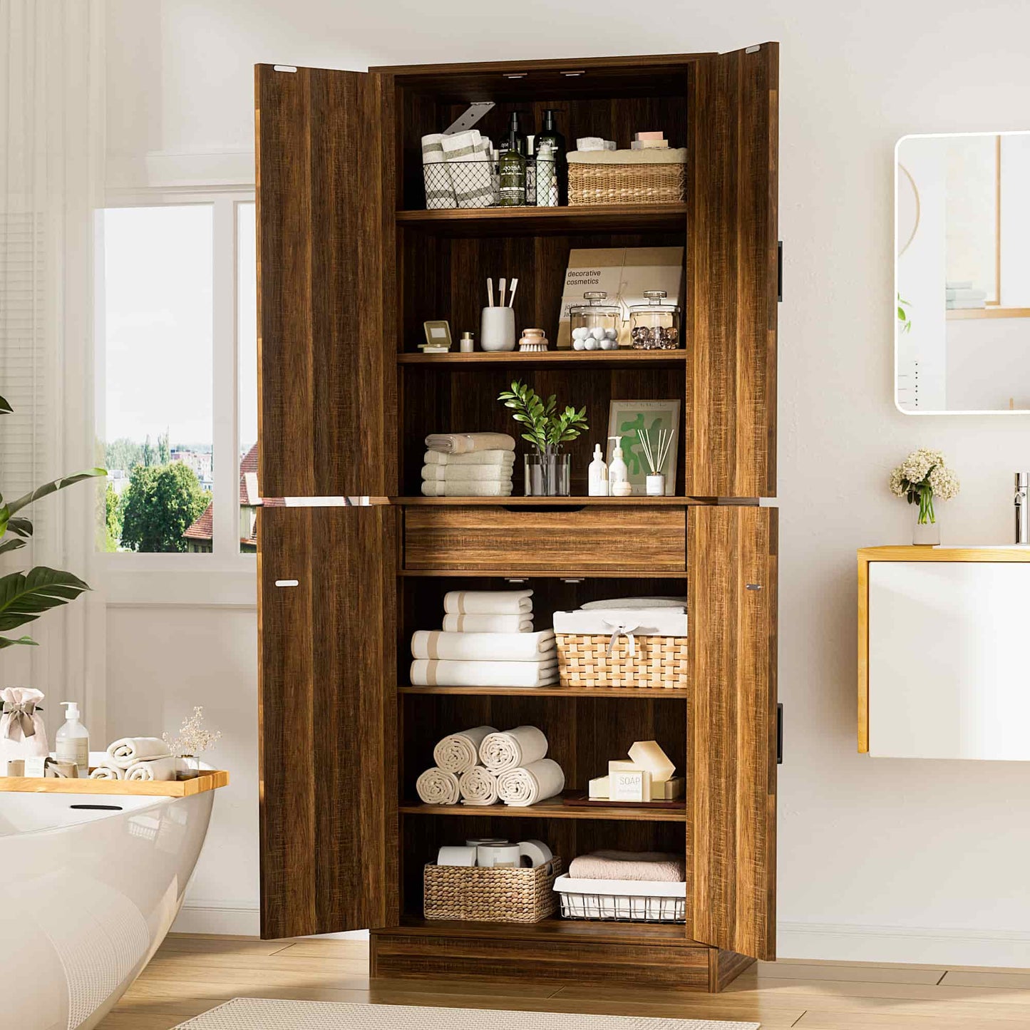 71'' Tall Farmhouse Bathroom Storage Cabinet, 7-Tier Linen Cabinet with Drawer & Adjustable Shelves