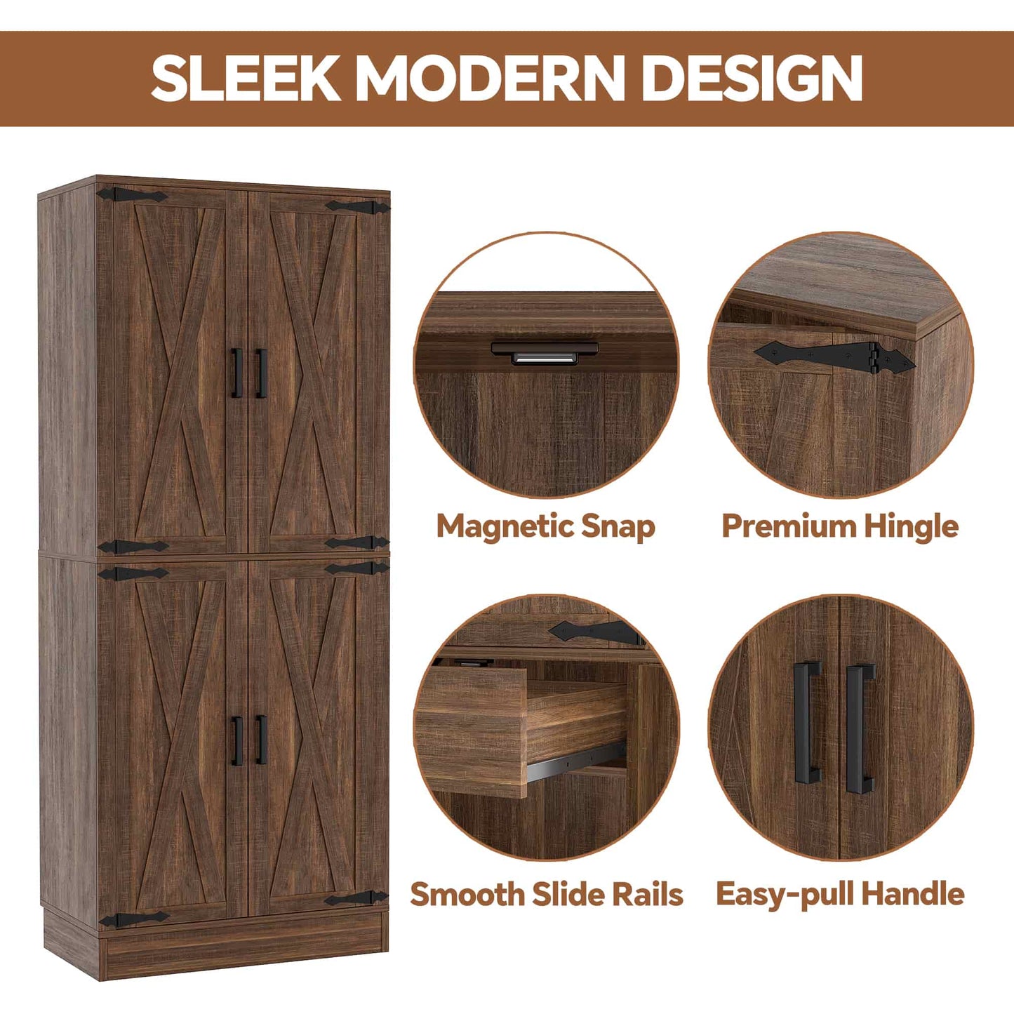 71'' Farmhouse Kitchen Pantry Storage Cabinet with 4 Barn Doors and Drawer