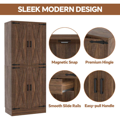 71'' Farmhouse Kitchen Pantry Storage Cabinet with 4 Barn Doors and Drawer
