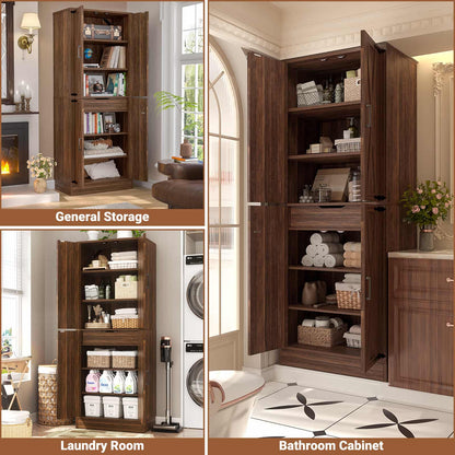 71'' Tall Farmhouse Bathroom Storage Cabinet, 7-Tier Linen Cabinet with Drawer & Adjustable Shelves