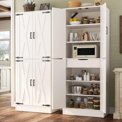 71'' Farmhouse Kitchen Pantry Storage Cabinet with 4 Barn Doors and Drawer