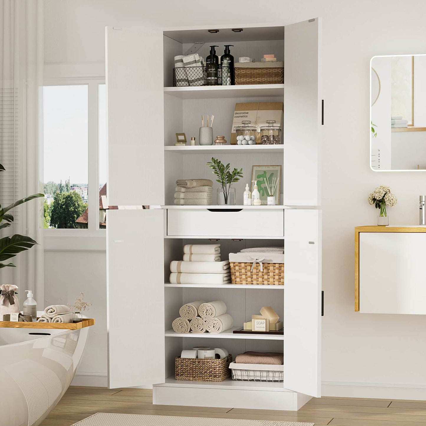 71'' Tall Farmhouse Bathroom Storage Cabinet, 7-Tier Linen Cabinet with Drawer & Adjustable Shelves