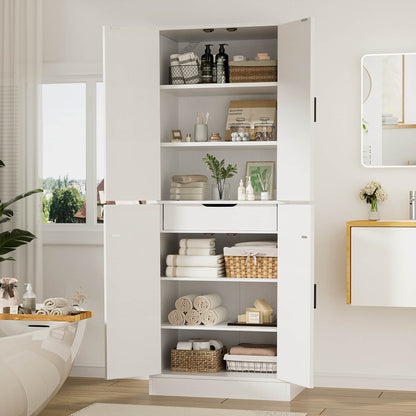 71'' Tall Farmhouse Bathroom Storage Cabinet, 7-Tier Linen Cabinet with Drawer & Adjustable Shelves
