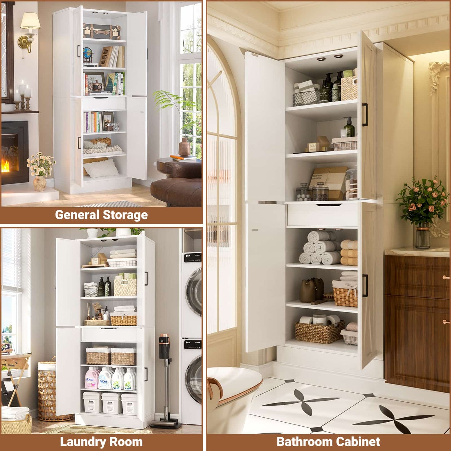 71'' Tall Farmhouse Bathroom Storage Cabinet, 7-Tier Linen Cabinet with Drawer & Adjustable Shelves