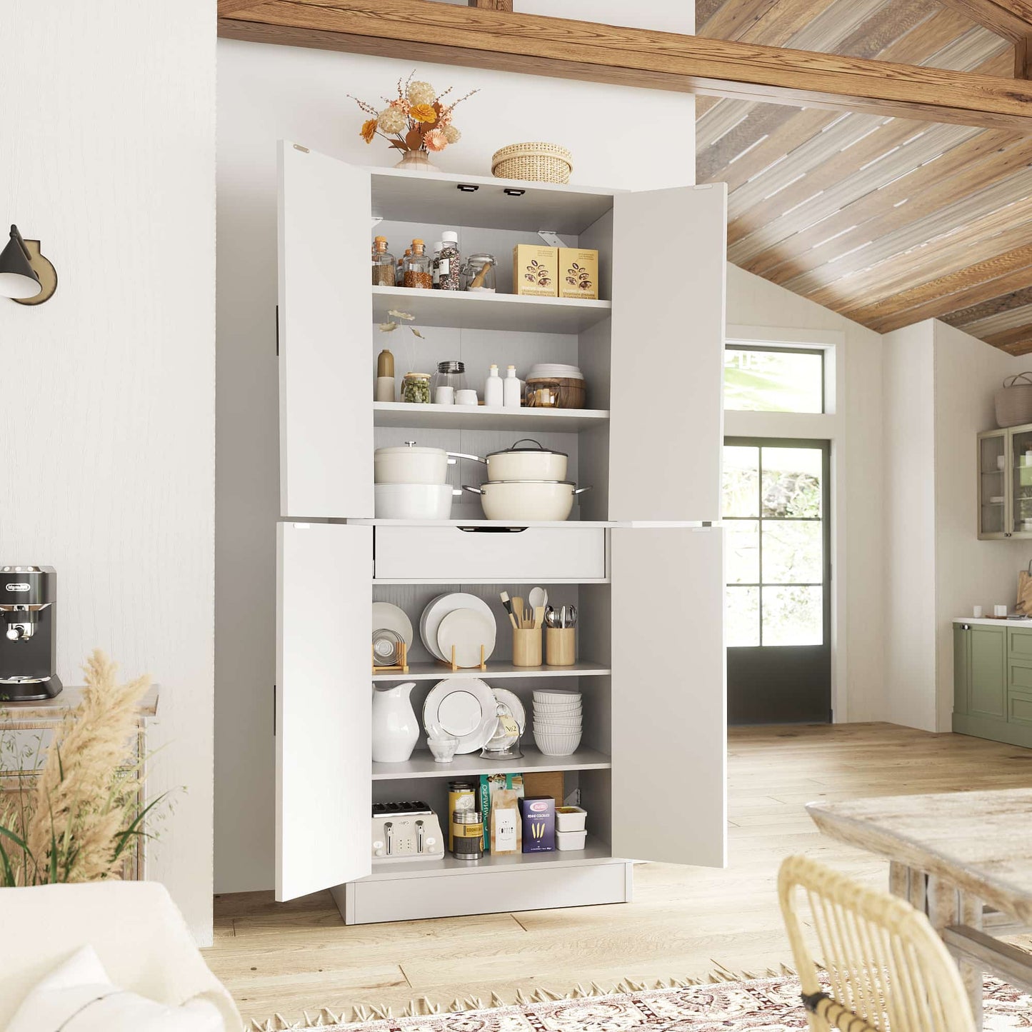 71'' Farmhouse Kitchen Pantry Storage Cabinet with 4 Barn Doors and Drawer