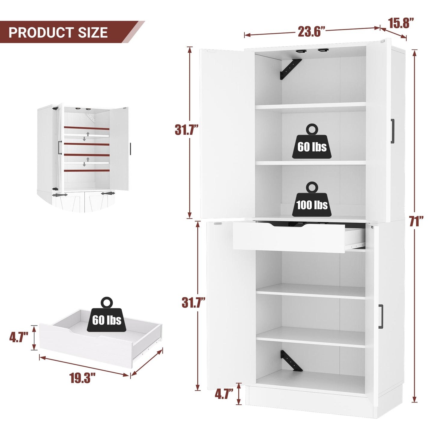 71'' Tall Farmhouse Bathroom Storage Cabinet, 7-Tier Linen Cabinet with Drawer & Adjustable Shelves
