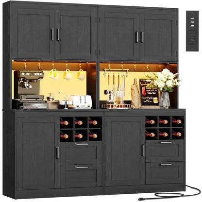 72'' Tall Pantry Cabinet with Outlet & LED Light, 63'' Wide Kitchen Hutch Bar with Microwave Stand, Drawers, Wine Rack & Shelves