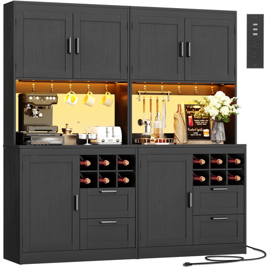 72'' Tall Pantry Cabinet with Outlet & LED Light, 63'' Wide Kitchen Hutch Bar with Microwave Stand, Drawers, Wine Rack & Shelves