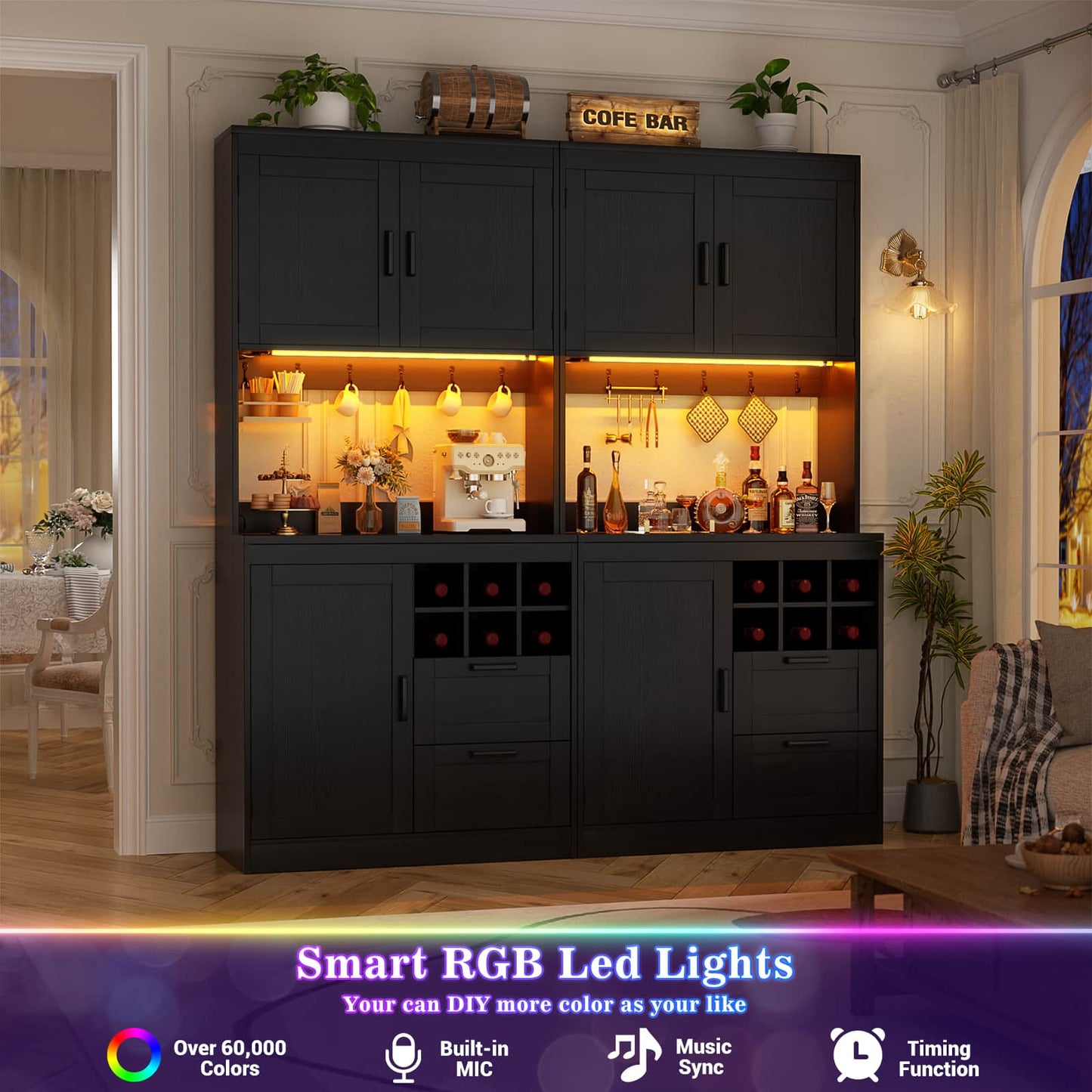 72'' Tall Pantry Cabinet with Outlet & LED Light, 63'' Wide Kitchen Hutch Bar with Microwave Stand, Drawers, Wine Rack & Shelves