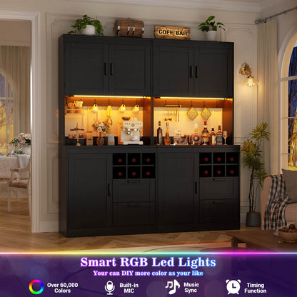 72'' Tall Pantry Cabinet with Outlet & LED Light, 63'' Wide Kitchen Hutch Bar with Microwave Stand, Drawers, Wine Rack & Shelves