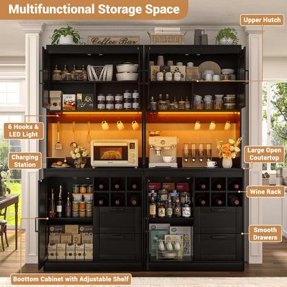 72'' Tall Pantry Cabinet with Outlet & LED Light, 63'' Wide Kitchen Hutch Bar with Microwave Stand, Drawers, Wine Rack & Shelves