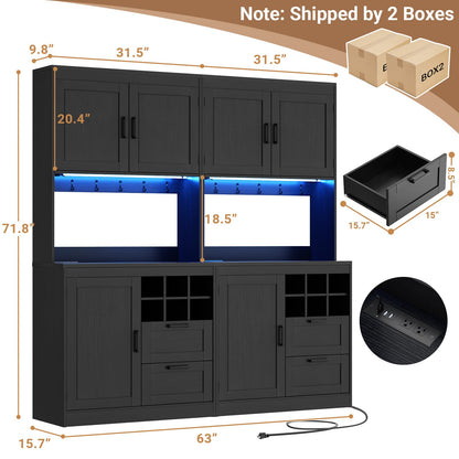 72'' Tall Pantry Cabinet with Outlet & LED Light, 63'' Wide Kitchen Hutch Bar with Microwave Stand, Drawers, Wine Rack & Shelves