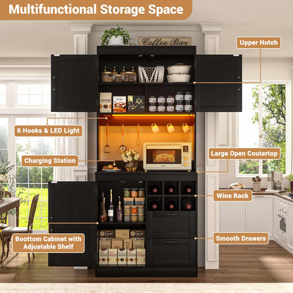 72'' Tall Pantry Cabinet with Outlet & LED Light, 63'' Wide Kitchen Hutch Bar with Microwave Stand, Drawers, Wine Rack & Shelves