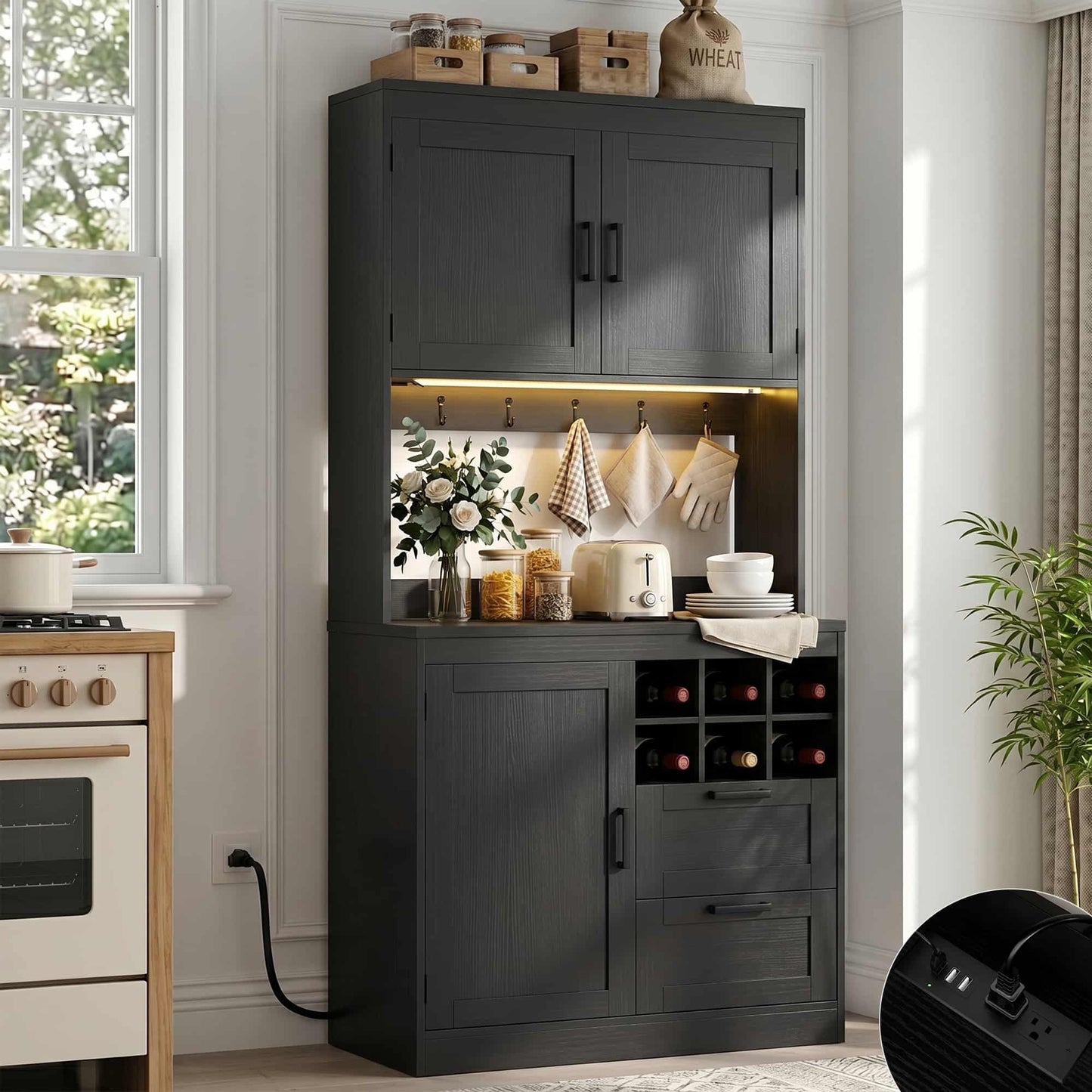 72'' Tall Farmhouse Pantry Cabinet with 2 Drawers & Grid Storage, Versatile Wood Storage Cabinet with Power Outlets, LED Lights