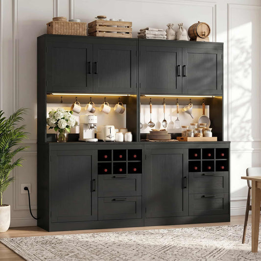72'' Tall Pantry Cabinet with Outlet & LED Light, 63'' Wide Kitchen Hutch Bar with Microwave Stand, Drawers, Wine Rack & Shelves
