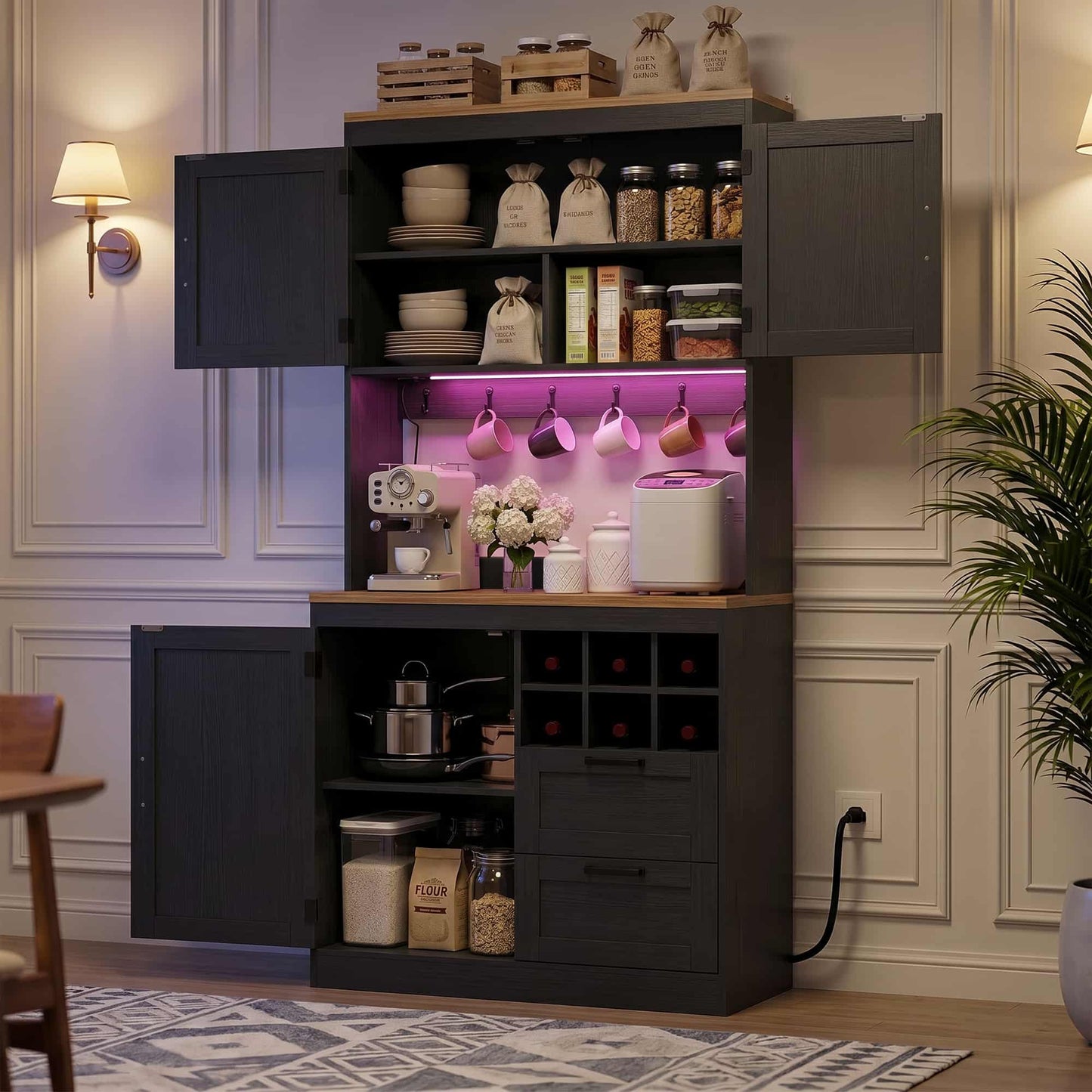 72'' Tall Pantry Cabinet with Outlet & LED Light, 63'' Wide Kitchen Hutch Bar with Microwave Stand, Drawers, Wine Rack & Shelves