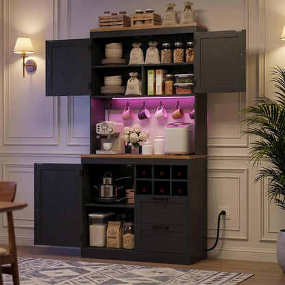 72'' Tall Pantry Cabinet with Outlet & LED Light, 63'' Wide Kitchen Hutch Bar with Microwave Stand, Drawers, Wine Rack & Shelves