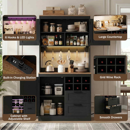 72'' Tall Pantry Cabinet with Outlet & LED Light, 63'' Wide Kitchen Hutch Bar with Microwave Stand, Drawers, Wine Rack & Shelves