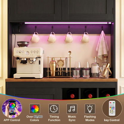 72'' Tall Pantry Cabinet with Outlet & LED Light, 63'' Wide Kitchen Hutch Bar with Microwave Stand, Drawers, Wine Rack & Shelves