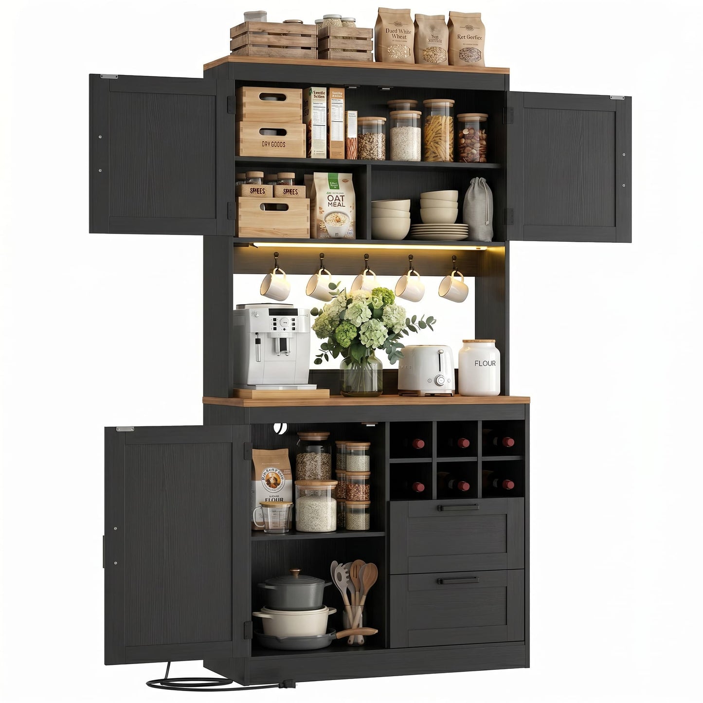 72'' Tall Farmhouse Pantry Cabinet with 2 Drawers & Grid Storage, Versatile Wood Storage Cabinet with Power Outlets, LED Lights