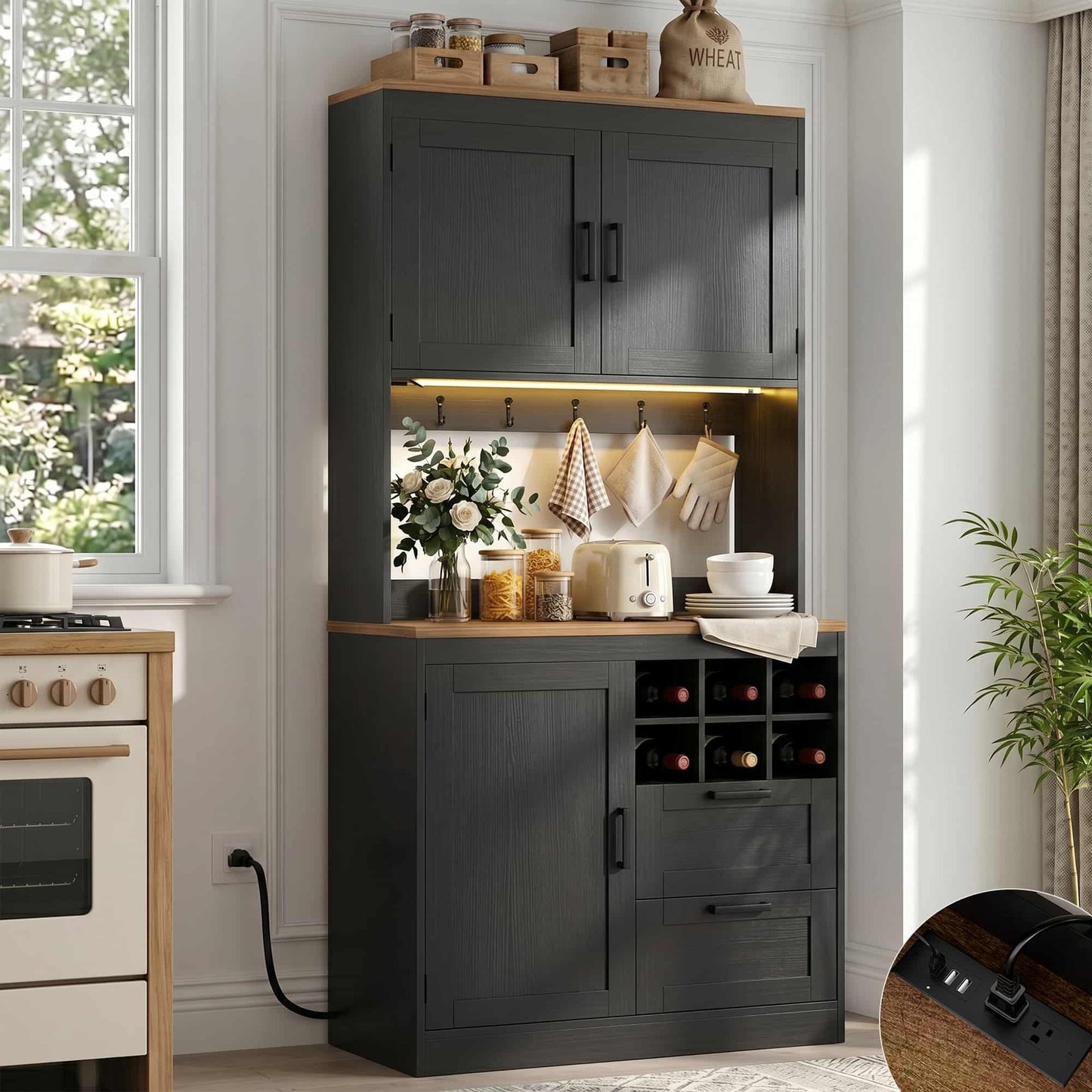 72'' Tall Farmhouse Pantry Cabinet with 2 Drawers & Grid Storage, Versatile Wood Storage Cabinet with Power Outlets, LED Lights