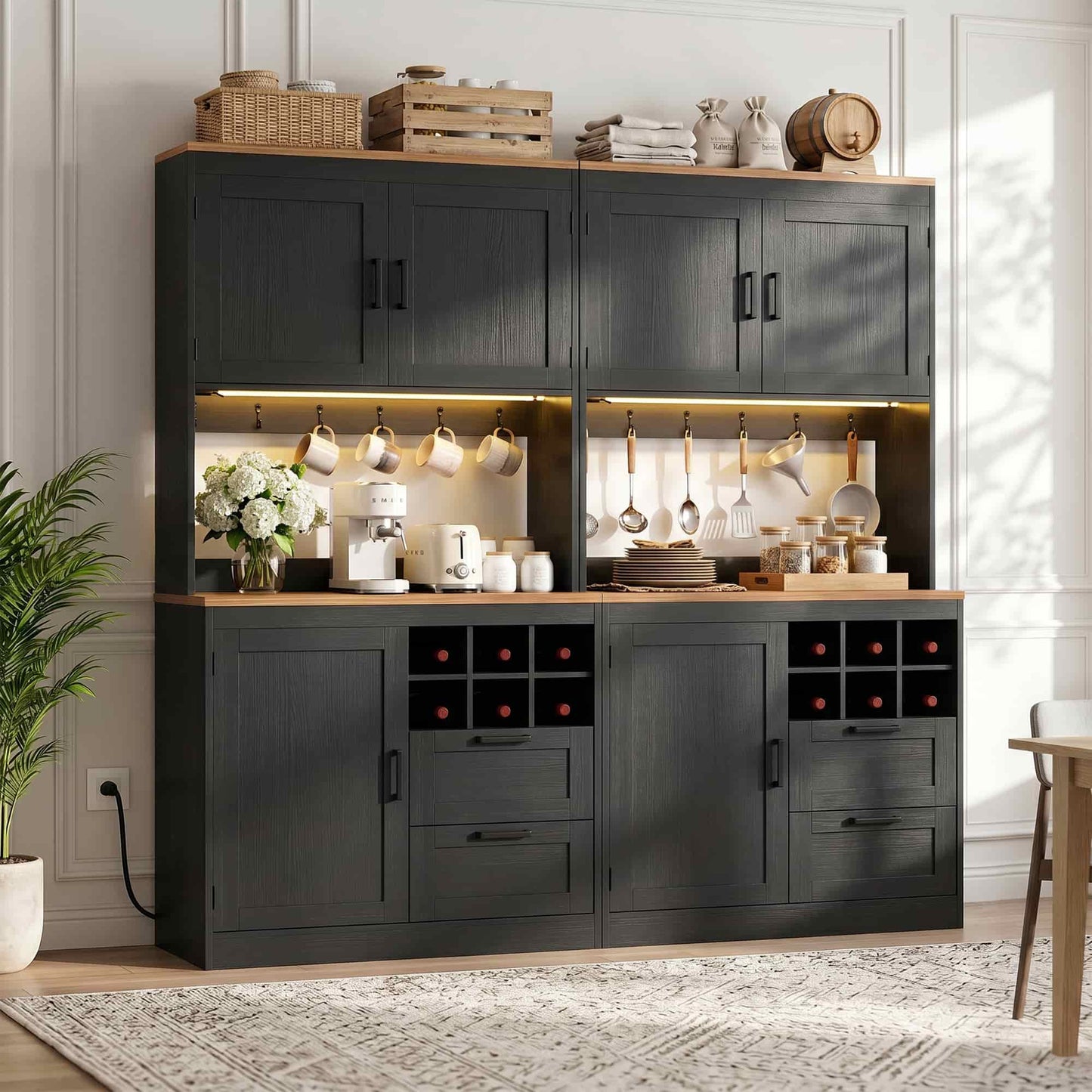 72'' Tall Pantry Cabinet with Outlet & LED Light, 63'' Wide Kitchen Hutch Bar with Microwave Stand, Drawers, Wine Rack & Shelves