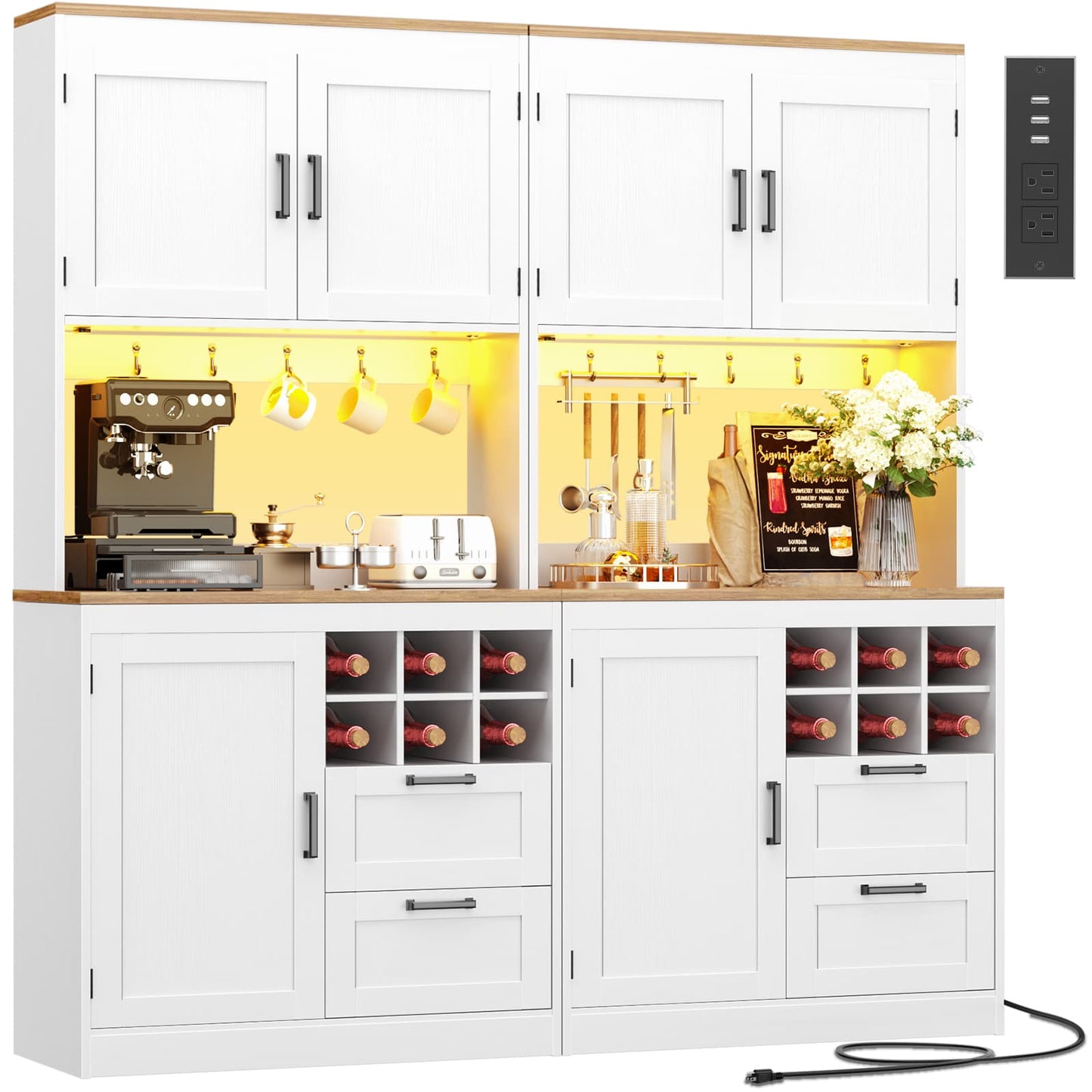 72'' Tall Pantry Cabinet with Outlet & LED Light, 63'' Wide Kitchen Hutch Bar with Microwave Stand, Drawers, Wine Rack & Shelves
