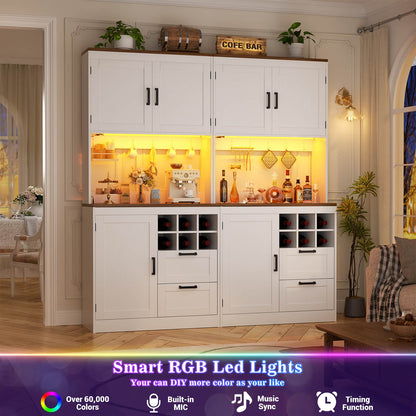 72'' Tall Pantry Cabinet with Outlet & LED Light, 63'' Wide Kitchen Hutch Bar with Microwave Stand, Drawers, Wine Rack & Shelves