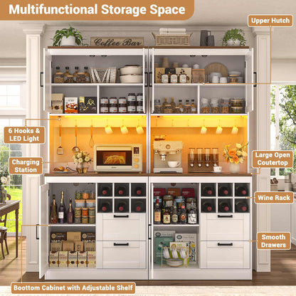 72'' Tall Pantry Cabinet with Outlet & LED Light, 63'' Wide Kitchen Hutch Bar with Microwave Stand, Drawers, Wine Rack & Shelves