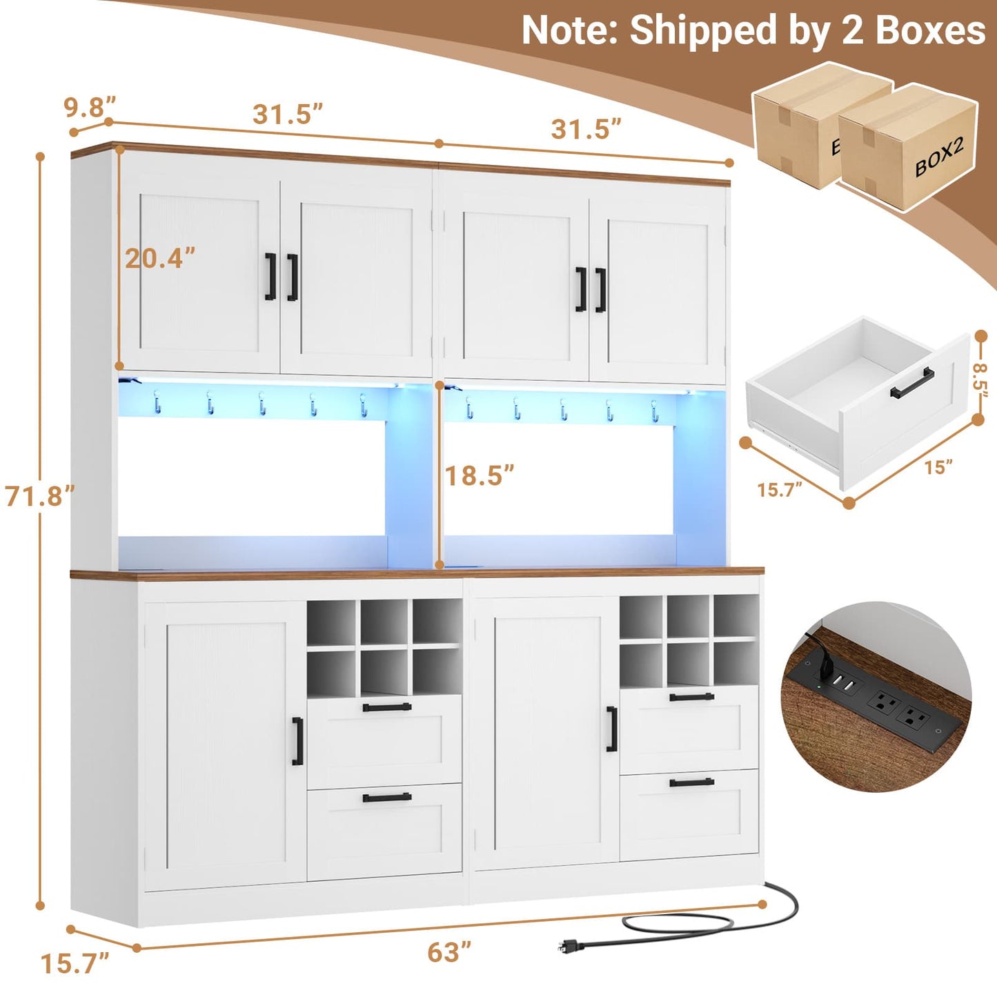 72'' Tall Pantry Cabinet with Outlet & LED Light, 63'' Wide Kitchen Hutch Bar with Microwave Stand, Drawers, Wine Rack & Shelves