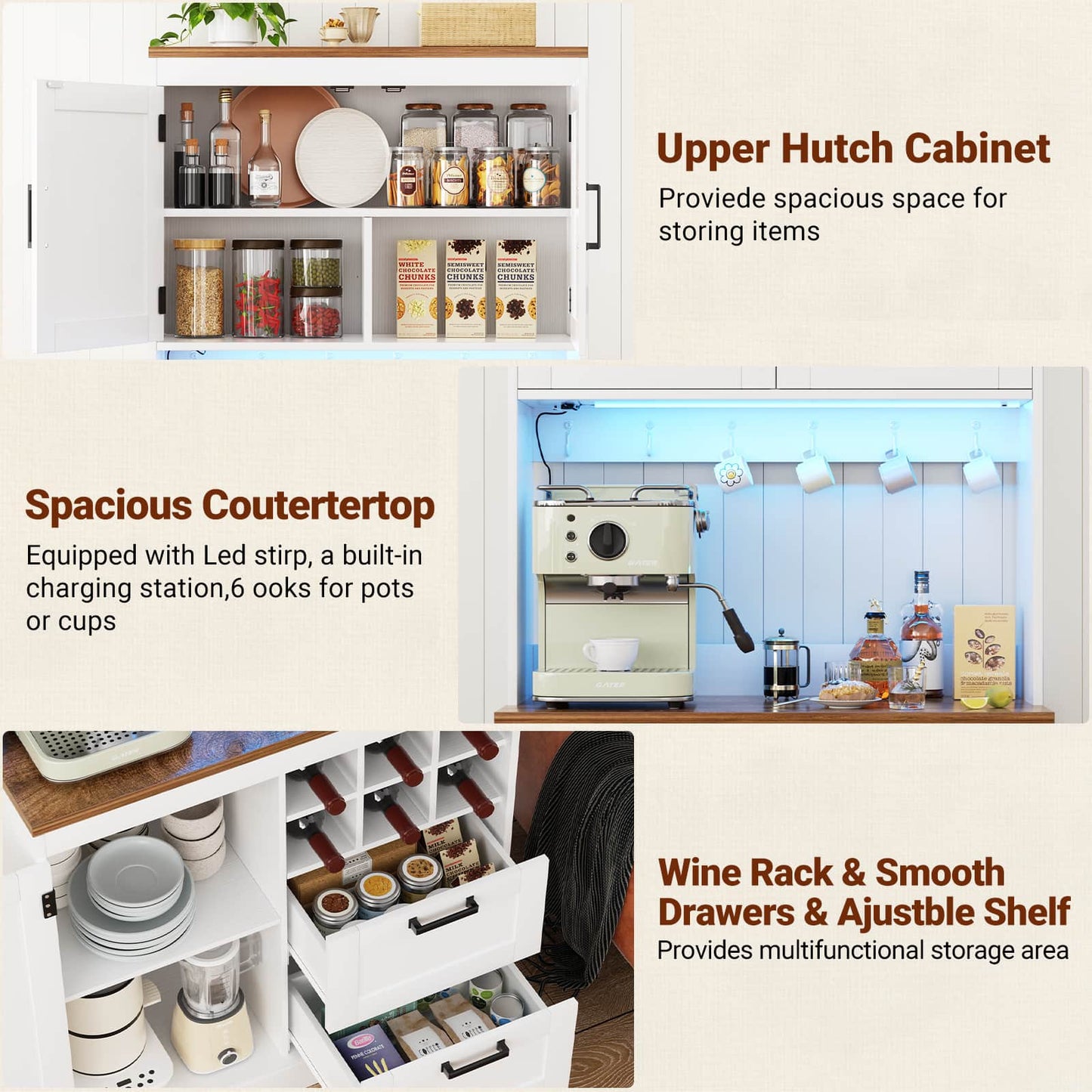 72'' Tall Pantry Cabinet with Outlet & LED Light, 63'' Wide Kitchen Hutch Bar with Microwave Stand, Drawers, Wine Rack & Shelves
