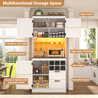 72'' Tall Pantry Cabinet with Outlet & LED Light, 63'' Wide Kitchen Hutch Bar with Microwave Stand, Drawers, Wine Rack & Shelves