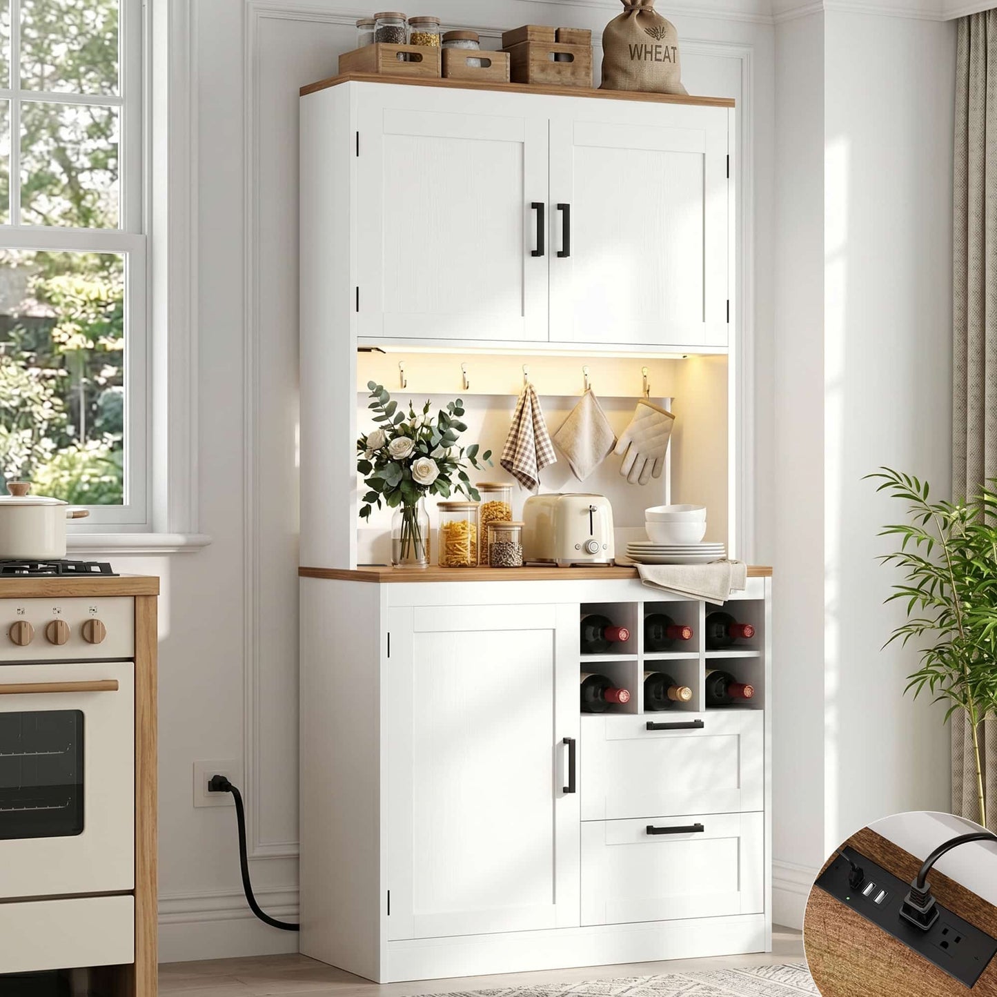 72'' Tall Farmhouse Pantry Cabinet with 2 Drawers & Grid Storage, Versatile Wood Storage Cabinet with Power Outlets, LED Lights