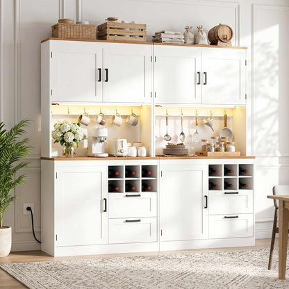 72'' Tall Pantry Cabinet with Outlet & LED Light, 63'' Wide Kitchen Hutch Bar with Microwave Stand, Drawers, Wine Rack & Shelves