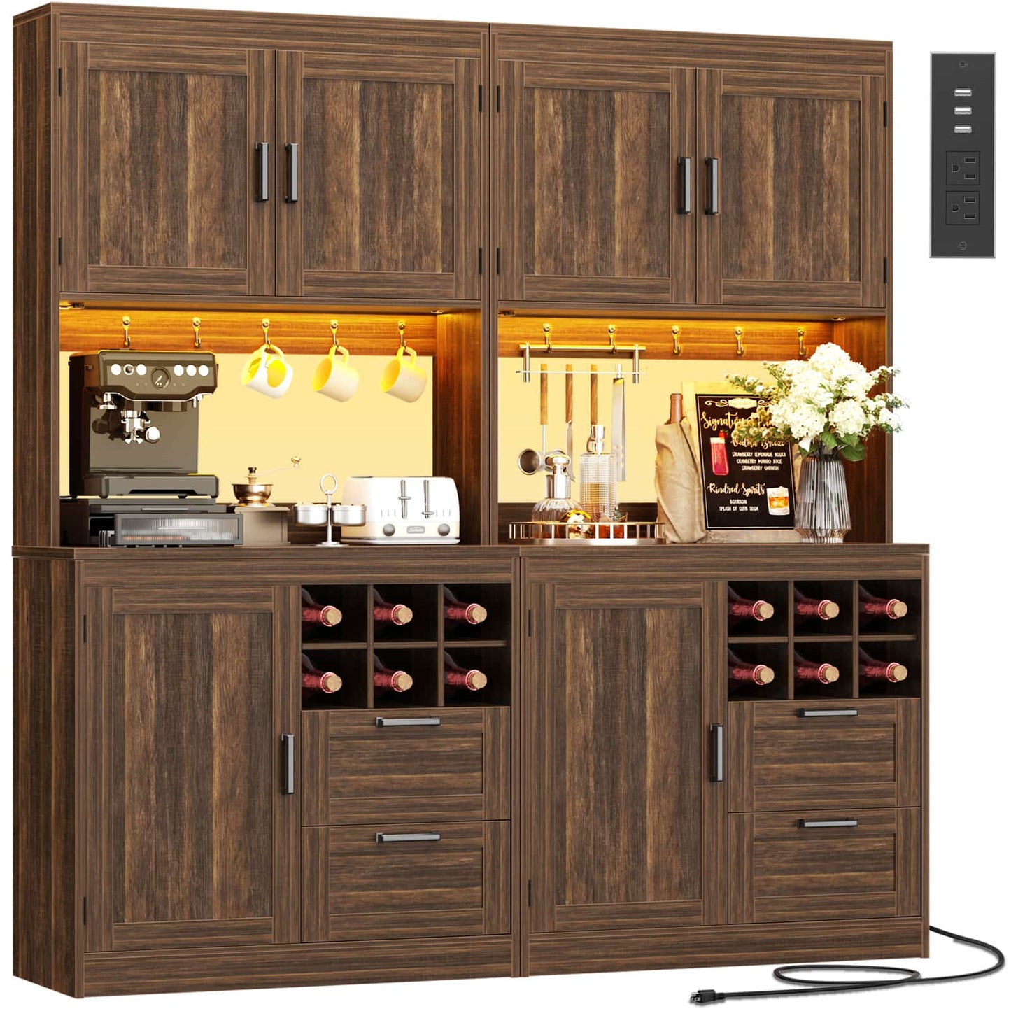72'' Tall Pantry Cabinet with Outlet & LED Light, 63'' Wide Kitchen Hutch Bar with Microwave Stand, Drawers, Wine Rack & Shelves