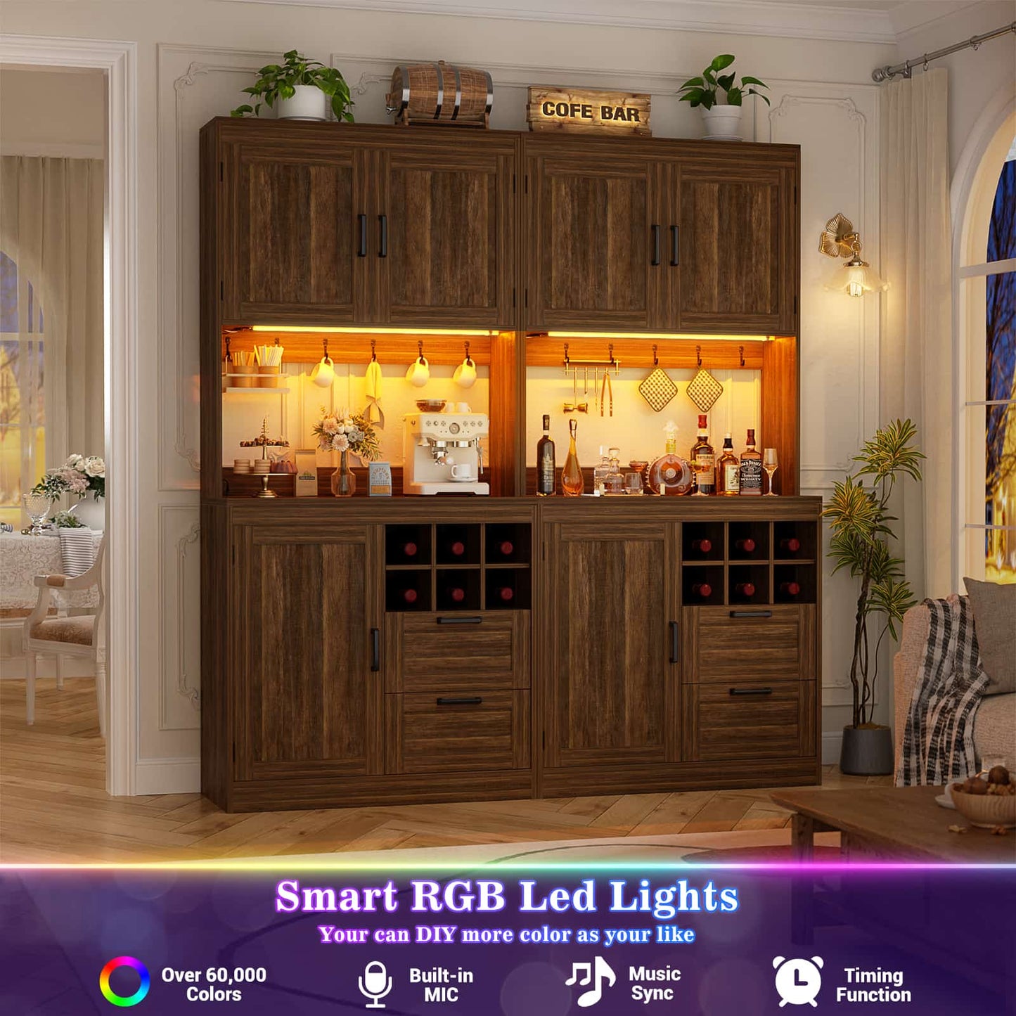72'' Tall Pantry Cabinet with Outlet & LED Light, 63'' Wide Kitchen Hutch Bar with Microwave Stand, Drawers, Wine Rack & Shelves