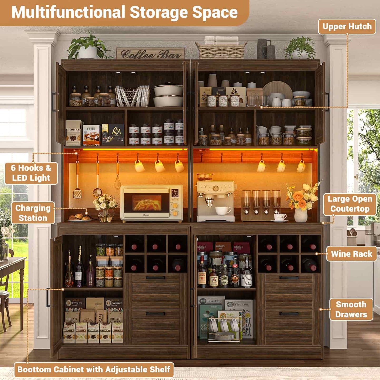 72'' Tall Pantry Cabinet with Outlet & LED Light, 63'' Wide Kitchen Hutch Bar with Microwave Stand, Drawers, Wine Rack & Shelves