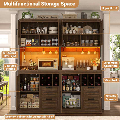 72'' Tall Pantry Cabinet with Outlet & LED Light, 63'' Wide Kitchen Hutch Bar with Microwave Stand, Drawers, Wine Rack & Shelves