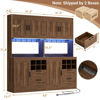 72'' Tall Pantry Cabinet with Outlet & LED Light, 63'' Wide Kitchen Hutch Bar with Microwave Stand, Drawers, Wine Rack & Shelves