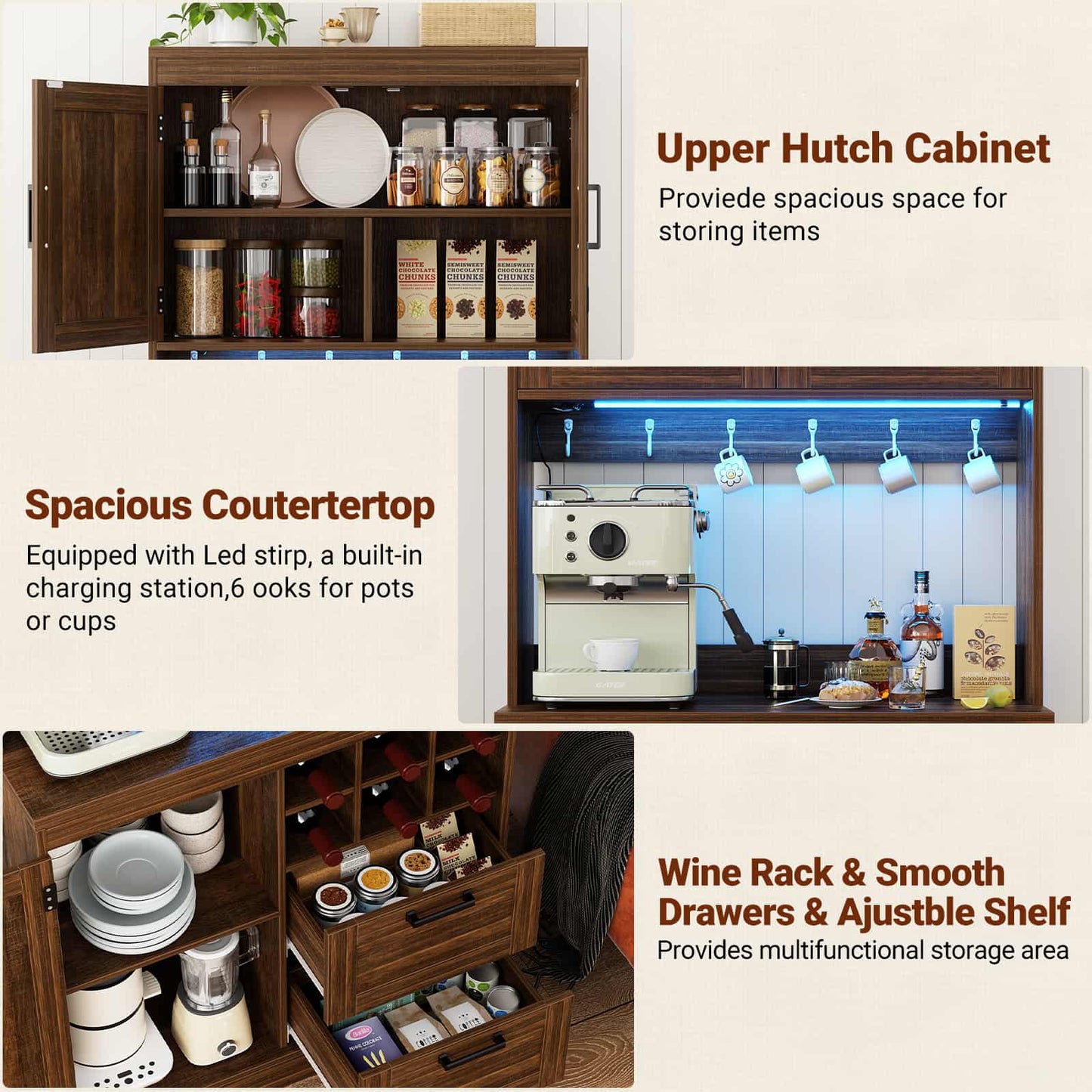 72'' Tall Pantry Cabinet with Outlet & LED Light, 63'' Wide Kitchen Hutch Bar with Microwave Stand, Drawers, Wine Rack & Shelves