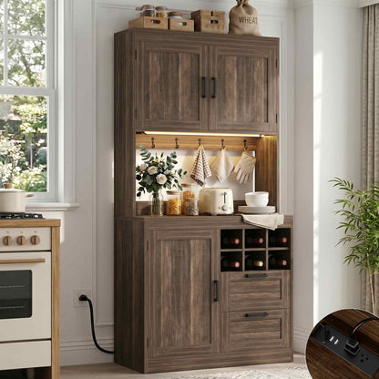 72'' Tall Farmhouse Pantry Cabinet with 2 Drawers & Grid Storage, Versatile Wood Storage Cabinet with Power Outlets, LED Lights