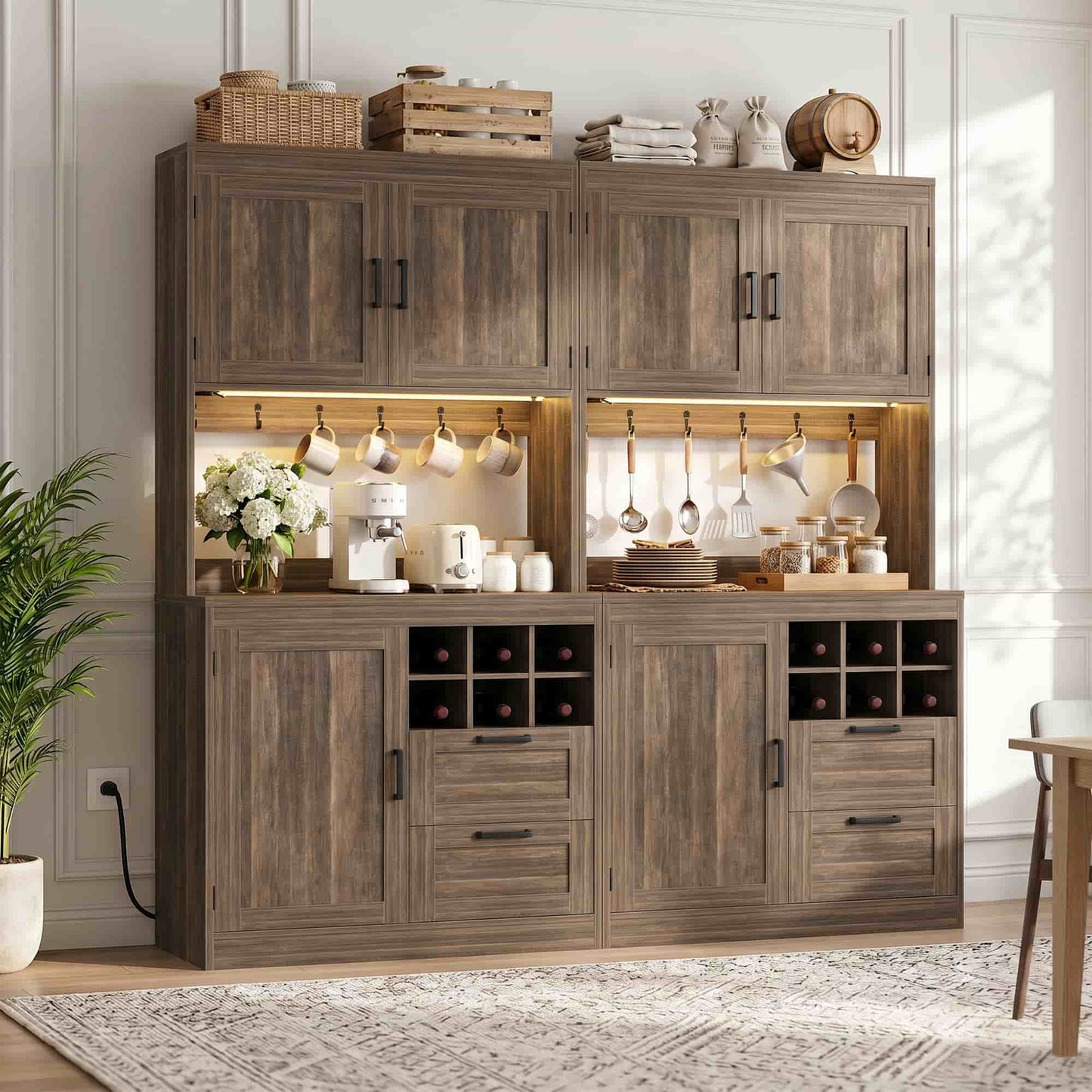 72'' Tall Pantry Cabinet with Outlet & LED Light, 63'' Wide Kitchen Hutch Bar with Microwave Stand, Drawers, Wine Rack & Shelves