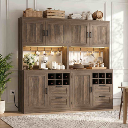 72'' Tall Pantry Cabinet with Outlet & LED Light, 63'' Wide Kitchen Hutch Bar with Microwave Stand, Drawers, Wine Rack & Shelves