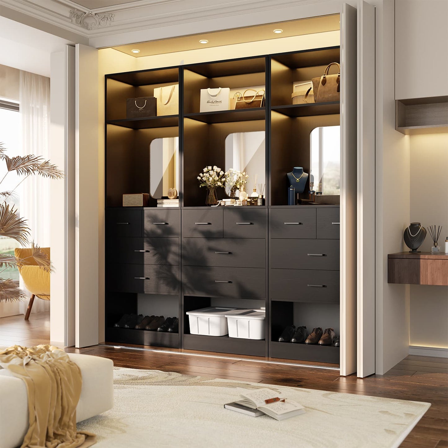 50" Freestanding Closet System with 8 Drawers, 4.2FT Modular Closet Organizer System with Mirror and Shelves