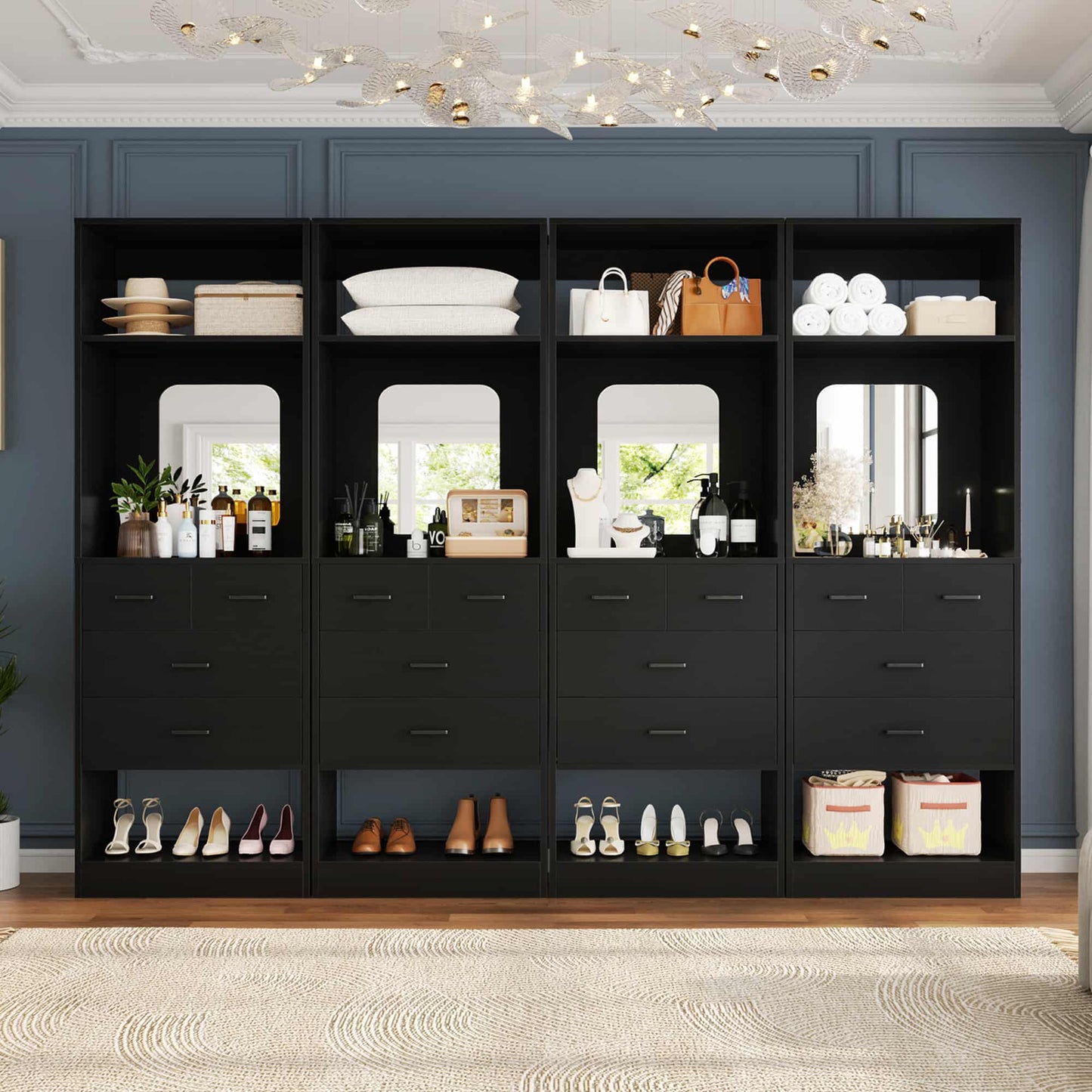 100 Inch Freestanding Closet System Set of 4 with 16 Drawers, Mirrors & Shelves